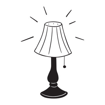 Hand drawn table lamp with classic lampshade and pull switch cord, glowing light illustrated with short rays, vintage whimsical black line art illustration isolated on white background.