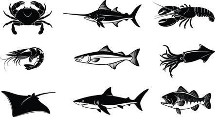 Collection of marine animal silhouettes including crab lobster fish squid shark and ray isolated on gray background, ocean wildlife illustration © Sujoy