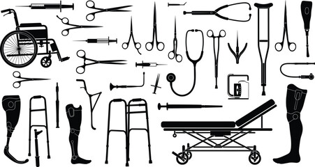 Collection of medical equipment and rehabilitation tool silhouettes isolated on gray background, healthcare hospital instrument illustration set for clinical design