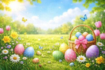 Easter Basket Among Spring Meadow Flowers