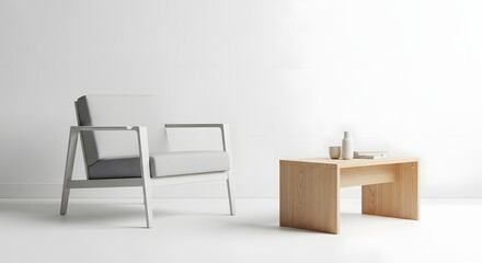 Minimalist Interior Design with Modern Armchair and Wooden Coffee Table.