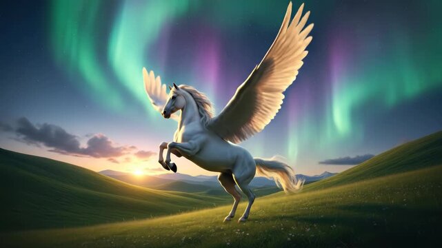 Mythical white pegasus standing on grassy hill under aurora borealis sky