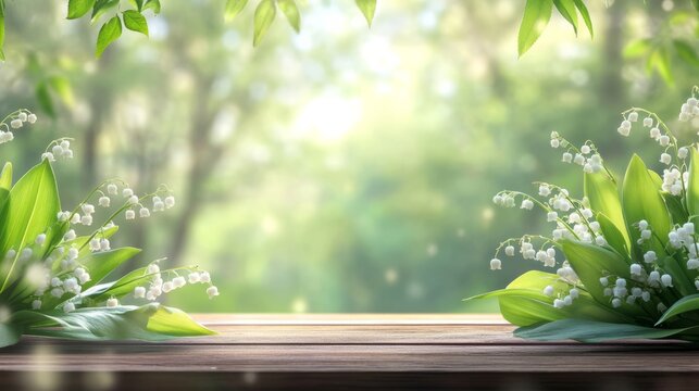 Lily of the valley flowers blooming on wooden table