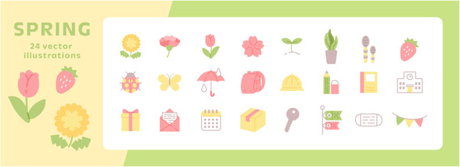 春の新生活アイコンセット パステルカラー 入学・植物・ギフトのベクターイラスト
Spring New Life Icon Set in Pastel Colors &ndash; School, Flowers and Gift Vector Illustration
