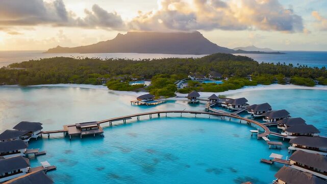 Private overwater villas in Bora Bora with Mount Otemanu standing tall in the background. The ocean waves lap below, creating a picture of island life and natural beauty in this lagoon setting