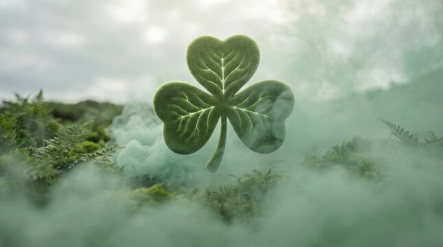 Minimal surreal St Patrick&rsquo;s Day background featuring green shamrock-inspired elements, playful visual illusions. Modern seasonal concept with clean design  generous copy space, ideal for web banner