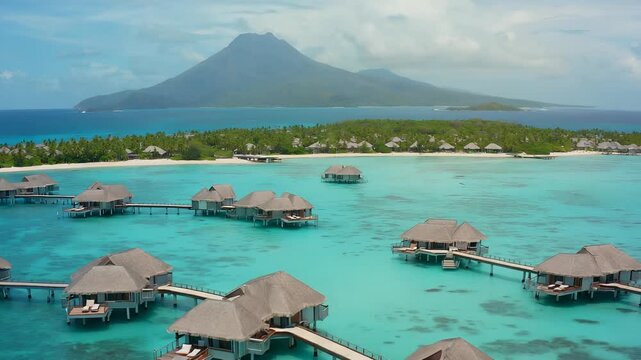 Private overwater villas built above blue water in Bora Bora. The lagoon features gentle waves while Mount Otemanu stands in the background