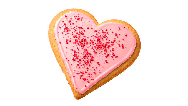 Heart shaped cookie with pink icing and sprinkles isolated on transparent background cut out