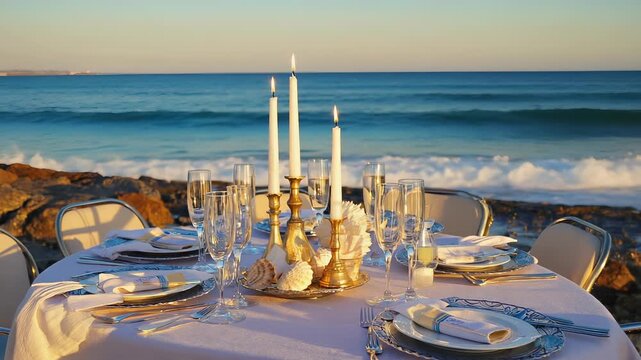 An elegantly arranged dinner table sits on the beach. Flickering candle flames dance in the breeze. The sun sets in the background, creating a warm glow at the tropical resort