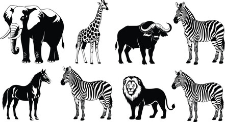 African wildlife safari animal silhouettes set featuring elephant lion giraffe zebra and buffalo illustrations isolated on white background for nature conservation and zoo design © MstLata