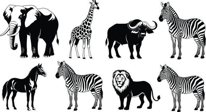 African wildlife safari animal silhouettes set featuring elephant lion giraffe zebra and buffalo illustrations isolated on white background for nature conservation and zoo design