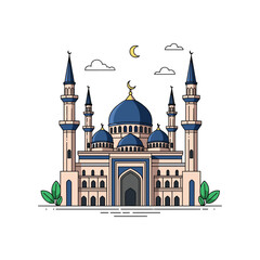 Islamic Mosque with Blue Domes and Minarets Vector Illustration