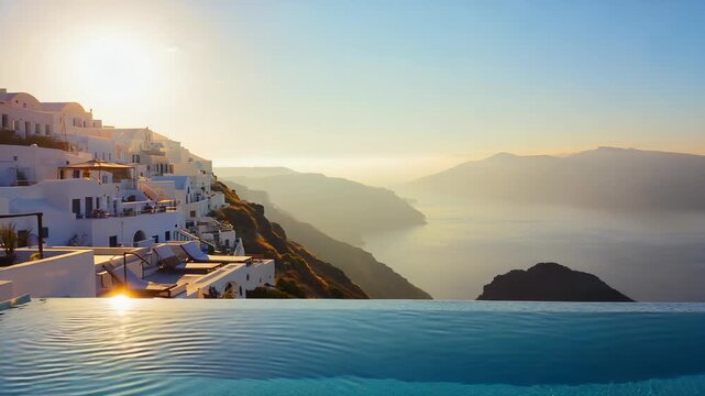 A cliffside infinity pool offers stunning views of the Santorini caldera below. The sun sets over the horizon, casting warm light across the sky and water