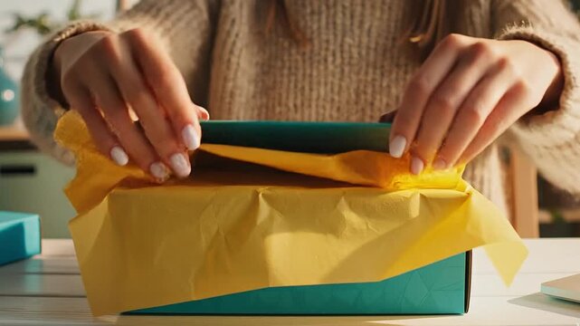 Unboxing experience with hands opening a teal gift box, yellow tissue paper inside a cardboard package, small business shipping and delivery concept