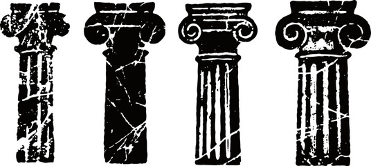 Naklejka premium Grunge vector illustration of classical ancient columns in various architectural styles