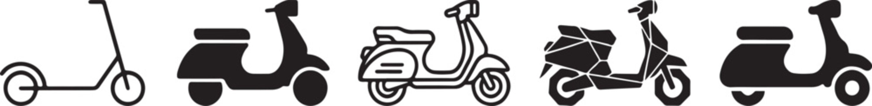 A horizontal row of minimalist black and white icons depicting various types of scooters and mopeds on a clean white background. Vector
