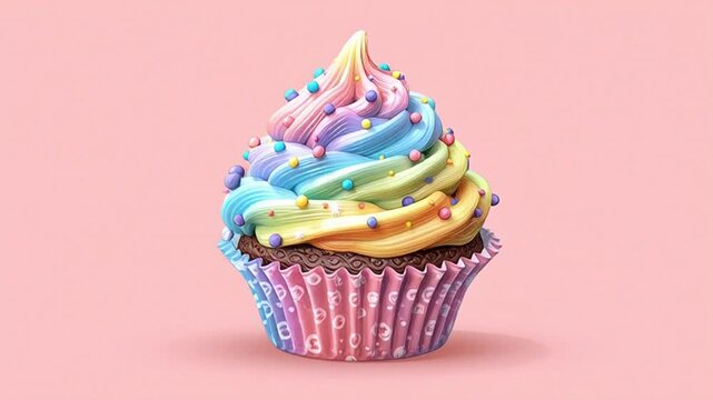 Vibrant rainbow cupcake with colorful frosting and sprinkles on pink background