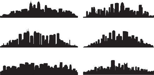 Six distinct black urban skyline silhouettes against white