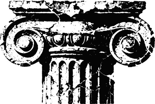 Ancient ionic column capital with scrolls and fluted shaft, classical greek architectural element design