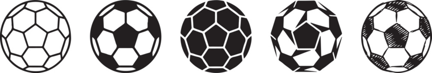 Obraz premium A set of five different black and white football icons for graphic design and sports themes Vector