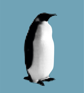 Halftone Penguin Silhouette Illustration on Blue Background for Stock Artwork and Decor