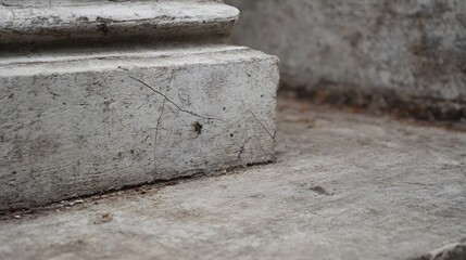 Close up of a cracked and weathered concrete surface with detailed texture and signs of age