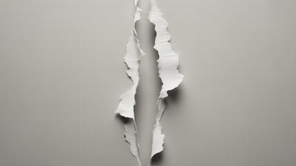 A clean, vertical tear creating jagged edges in a light gray sheet of paper.