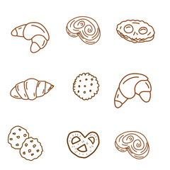 Set of hand drawn cookies, Doodle line hand drawn of cookies. Set of various cracker and biscuits for food theme, hand drawn various biscuit. Food frame cookies.