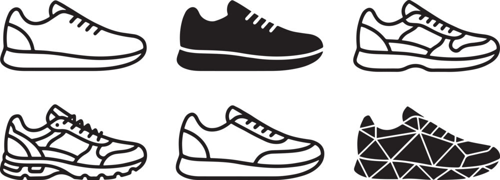 A collection of six pixel art sneaker icons showcasing various outline and silhouette styles for design projects Vector
