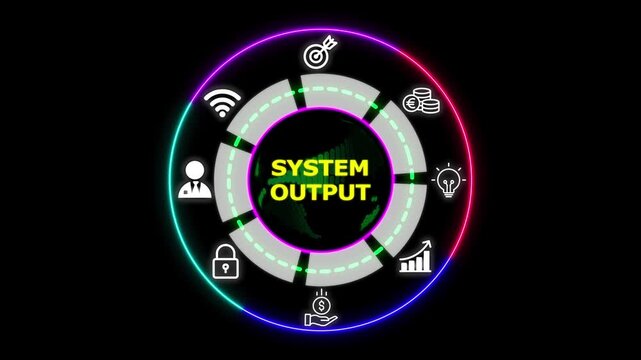 System output concept with circular digital dashboard, process icons, data flow visualization and technology interface.