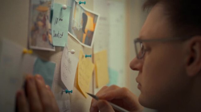 A bespectacled man intensely brainstorms beside a whiteboard in a quiet evening office, utilizing vibrant sticky notes to devise intricate solutions to complex scheduling issues