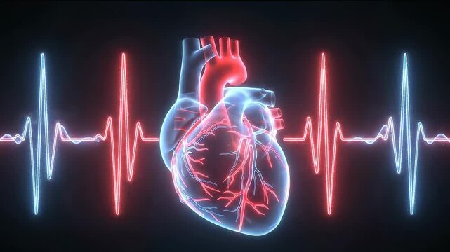 Heart model pulses between ECG lines on a dark background. Concept of cardiology, vital signs.