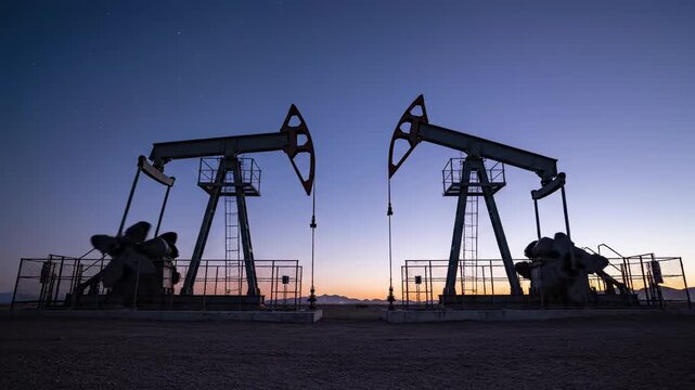 Two silhouetted oil rigs rhythmically pumping crude oil from a well in the desert, working continuously from dusk into the night against a colorful sky, representing the fossil fuel industry