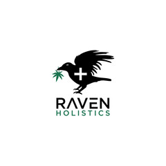 Fototapeta premium Black Raven Silhouette with Cross and Marijuana.