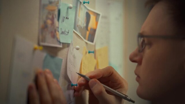 A bespectacled man stands in a quiet evening office, intensely brainstorming on a whiteboard with vibrant colored sticky notes to devise scheduling solutions