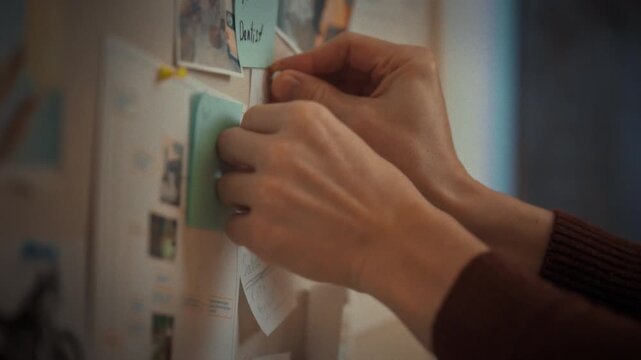 A mans hand meticulously organizes colorful, labeled sticky notes on a wall-mounted board, forming a visual representation of his goal-oriented plan, incorporating organization and reminder tools