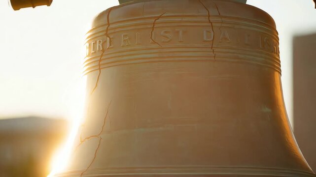 Close up of a massive old bronze bell with a large crack and engraved inscriptions