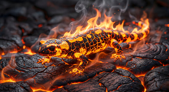 Fiery Salamander: A vivid, fiery salamander with stunning black and orange patterns, elegantly poised upon smoldering lava, its silhouette emphasized by the vibrant glow of the surrounding flames.