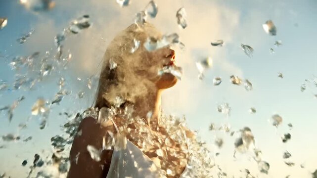 Conceptual representation of mental burnout and digital chaos, as a woman's head shatters into pieces from stress and information overload, symbolizing a psychological breakdown from overthinking