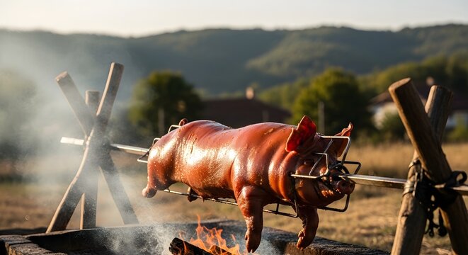 Whole Roasted Pig on a Spit Over Open Fire Outdoors.