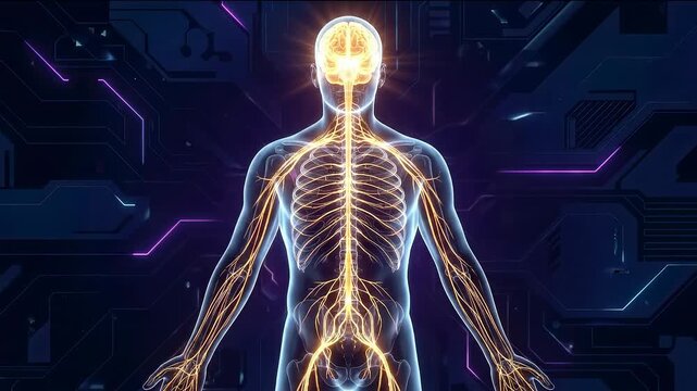 Human body with nervous system and brain shown on a digital interface. Concept of neurology and digital health.