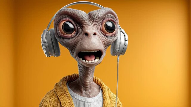 Alien character with large eyes and headphones reacts with surprise and curiosity while wearing a yellow sweater against a vibrant orange background in a series of connected frames