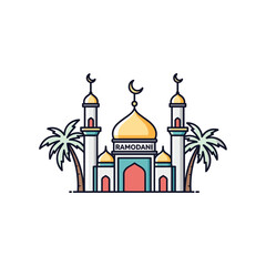 Ramadan Mosque with Palm Trees and Crescent Moon vector illustration