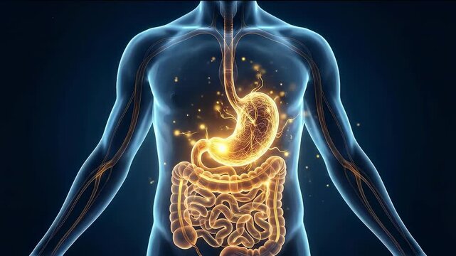 Digestive system shown inside a human torso with stomach and intestines highlighted. Concept of digestion and gastroenterology.