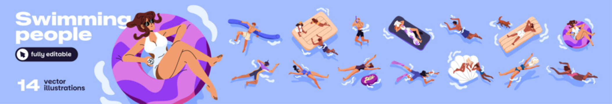 Set of people swimming in water. Tourists are floating on inflatable circles and pool rafts. Men and women in bikini sunbathing, have fun on sea on summer holidays. Flat isolated vector illustrations.