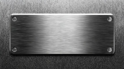 Brushed metal nameplate on textured surface with rounded corners and screws