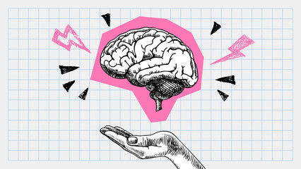 Trendy collage of sketch human brain, hand and scribble doodle elements. Retro halftone effect. Vector hand drawn illustration © pim