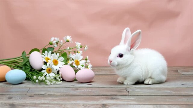 Cute white Easter bunny on soft pastel background with chamomile and egg AI generated video