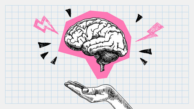 Trendy collage of sketch human brain, hand and scribble doodle elements. Retro halftone effect. Vector hand drawn illustration