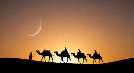 Silhouette of a caravan of camels walking across a desert dune at sunset with a crescent moon in the sky.